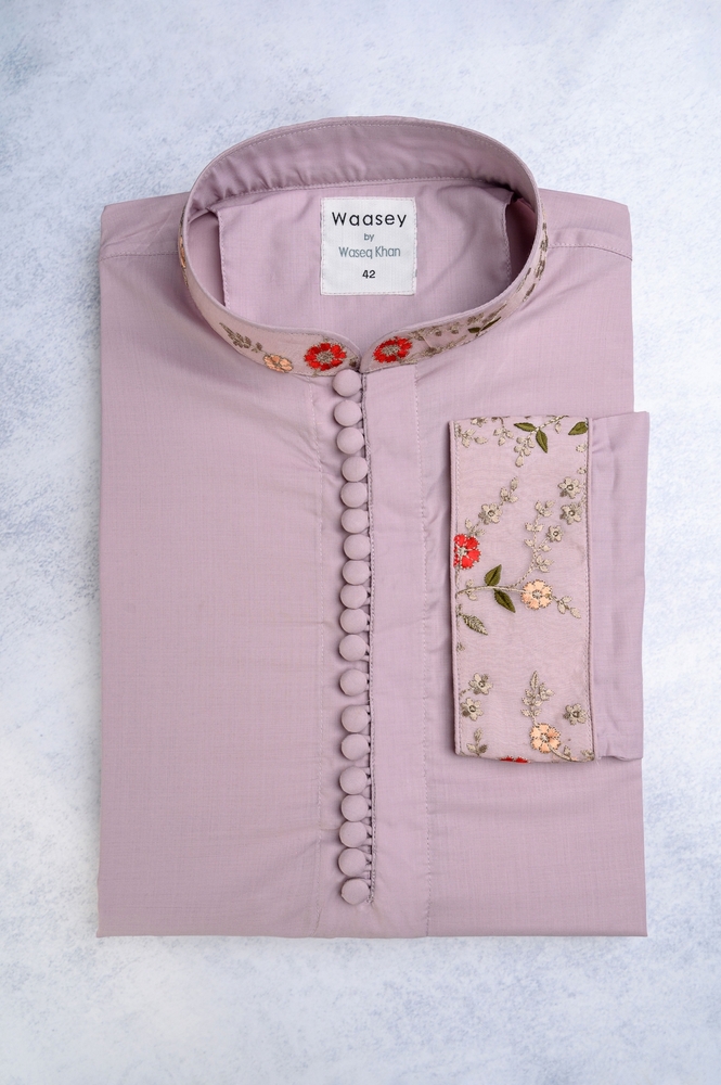 Dusty Pink Button-Front Panjabi with Floral Details